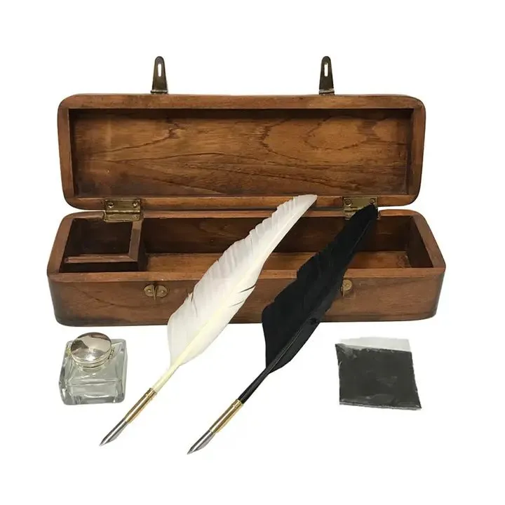 Colonial Wood and Quill Pen Box