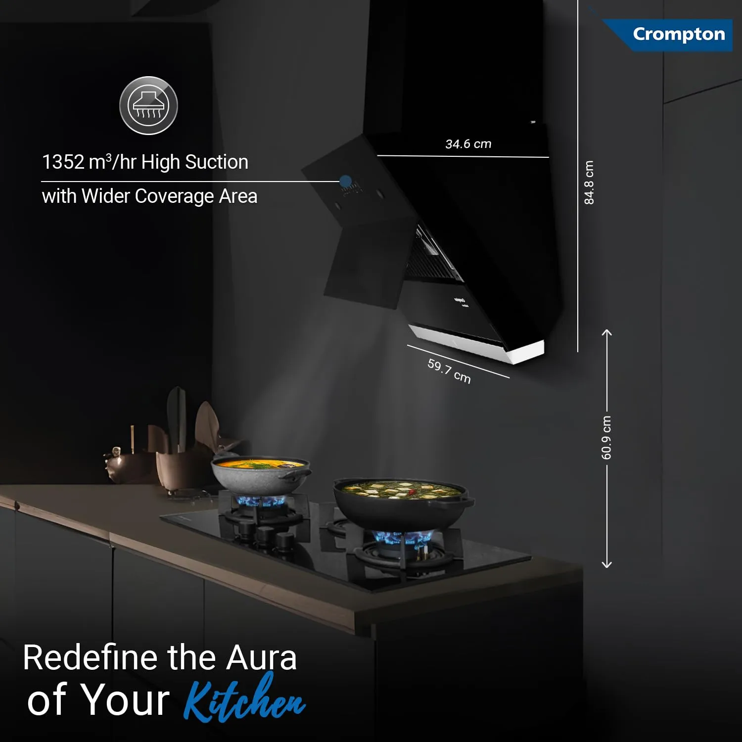 Crompton CHD-ISI60FLE-EC IntelliSense 60 cm Kitchen Chimney with 1352 m/hr Suction, Smart On & Intelli Auto-Clean | Silent Kitchen Chimney With Filterless Technology (Inclined Design, Black)