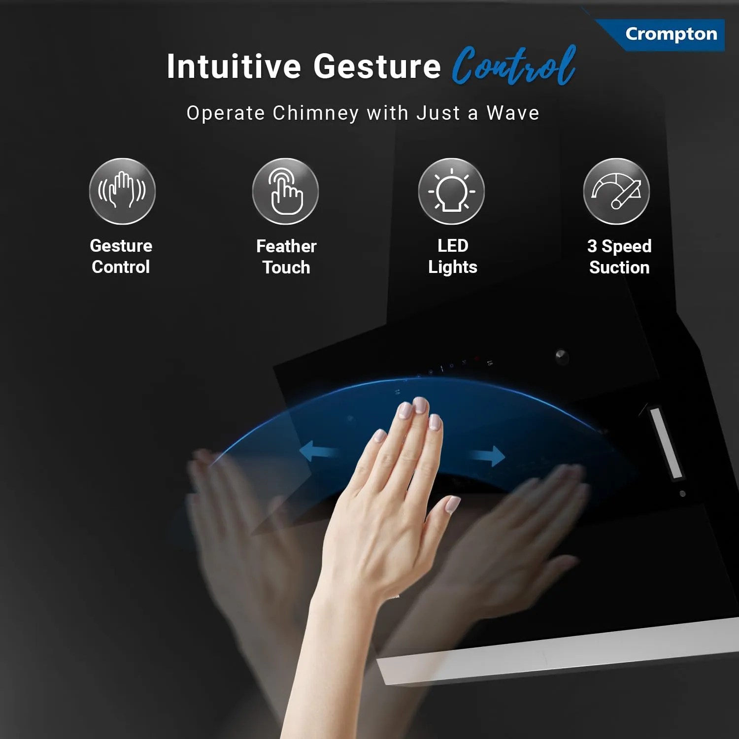 Crompton CHD-ISI60FLE-EC IntelliSense 60 cm Kitchen Chimney with 1352 m/hr Suction, Smart On & Intelli Auto-Clean | Silent Kitchen Chimney With Filterless Technology (Inclined Design, Black)