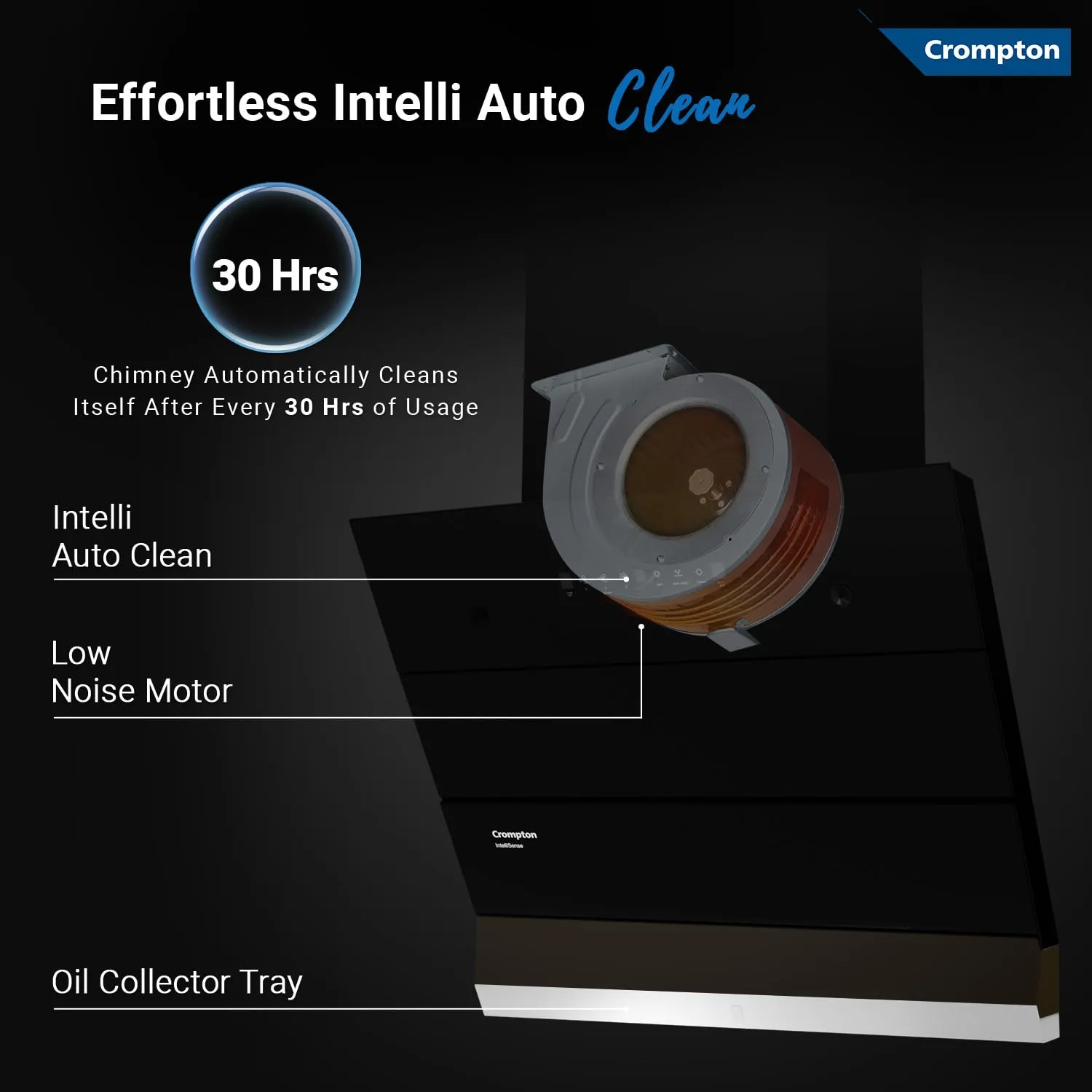 Crompton CHD-ISI60FLE-EC IntelliSense 60 cm Kitchen Chimney with 1352 m/hr Suction, Smart On & Intelli Auto-Clean | Silent Kitchen Chimney With Filterless Technology (Inclined Design, Black)