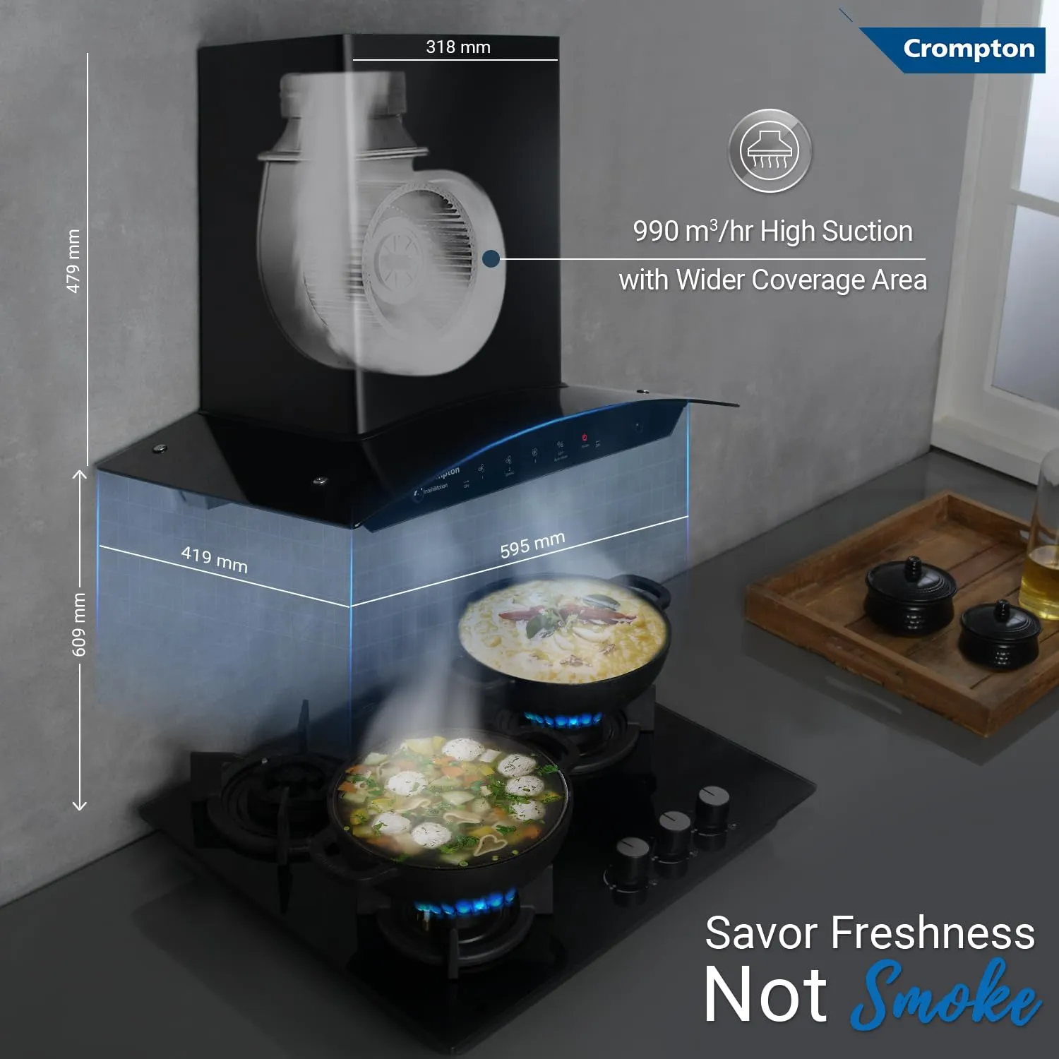 Crompton IntelliMotion CHD-IMC60BFA-MBL 60 cm Curved Glass Kitchen Chimney with Auto-Clean & 990 m/hr Suction | Silent Kitchen Chimney With Baffle Filter, Motion Sensor and Touch Control (Black)