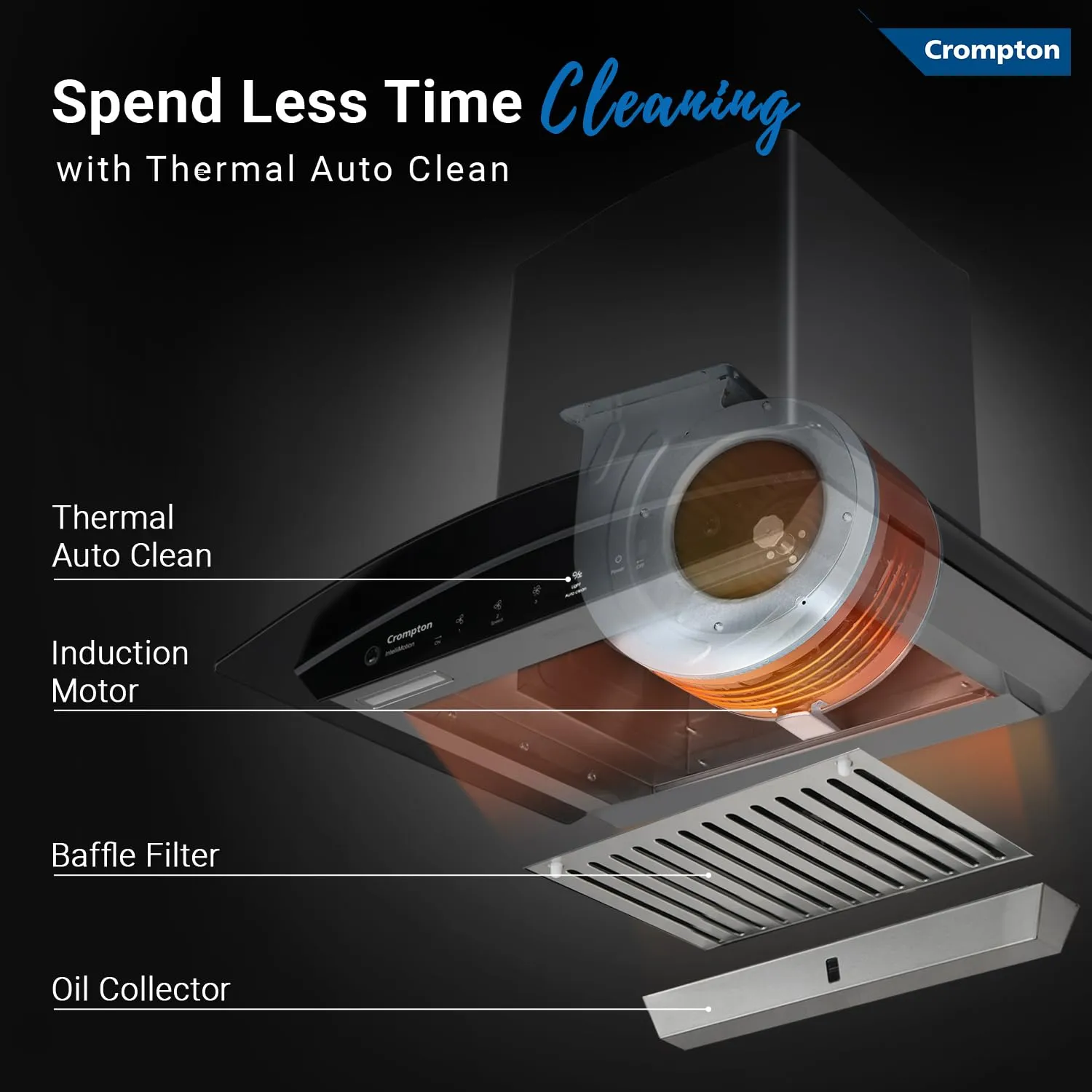 Crompton IntelliMotion CHD-IMC90BFA-MBL 90 cm Curved Glass Kitchen Chimney with Auto-Clean & 990 m/hr Suction | Silent Kitchen Chimney With Baffle Filter, Motion Sensor and Touch Control (Black)