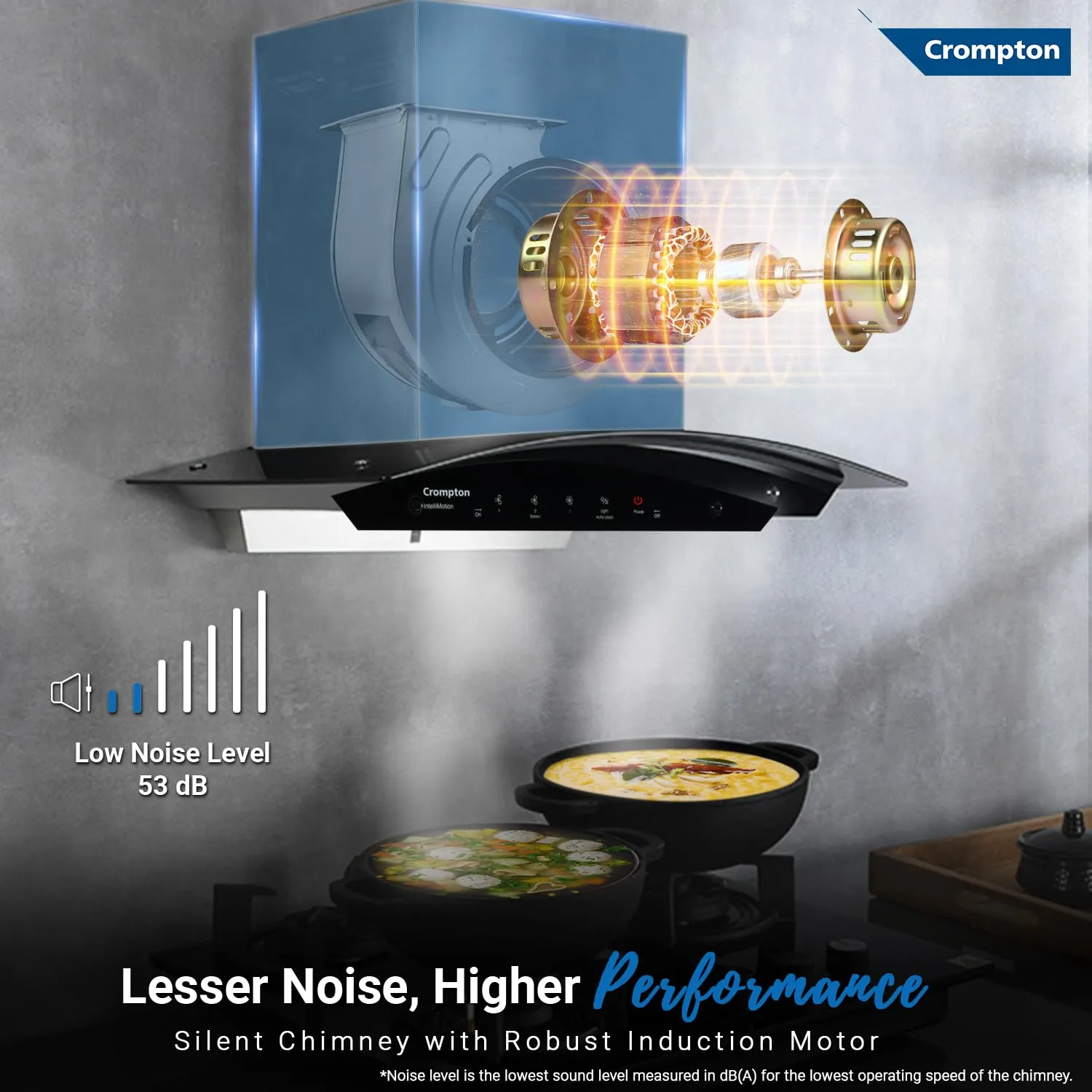 Crompton IntelliMotion CHD-IMC90BFA-MBL 90 cm Curved Glass Kitchen Chimney with Auto-Clean & 990 m/hr Suction | Silent Kitchen Chimney With Baffle Filter, Motion Sensor and Touch Control (Black)