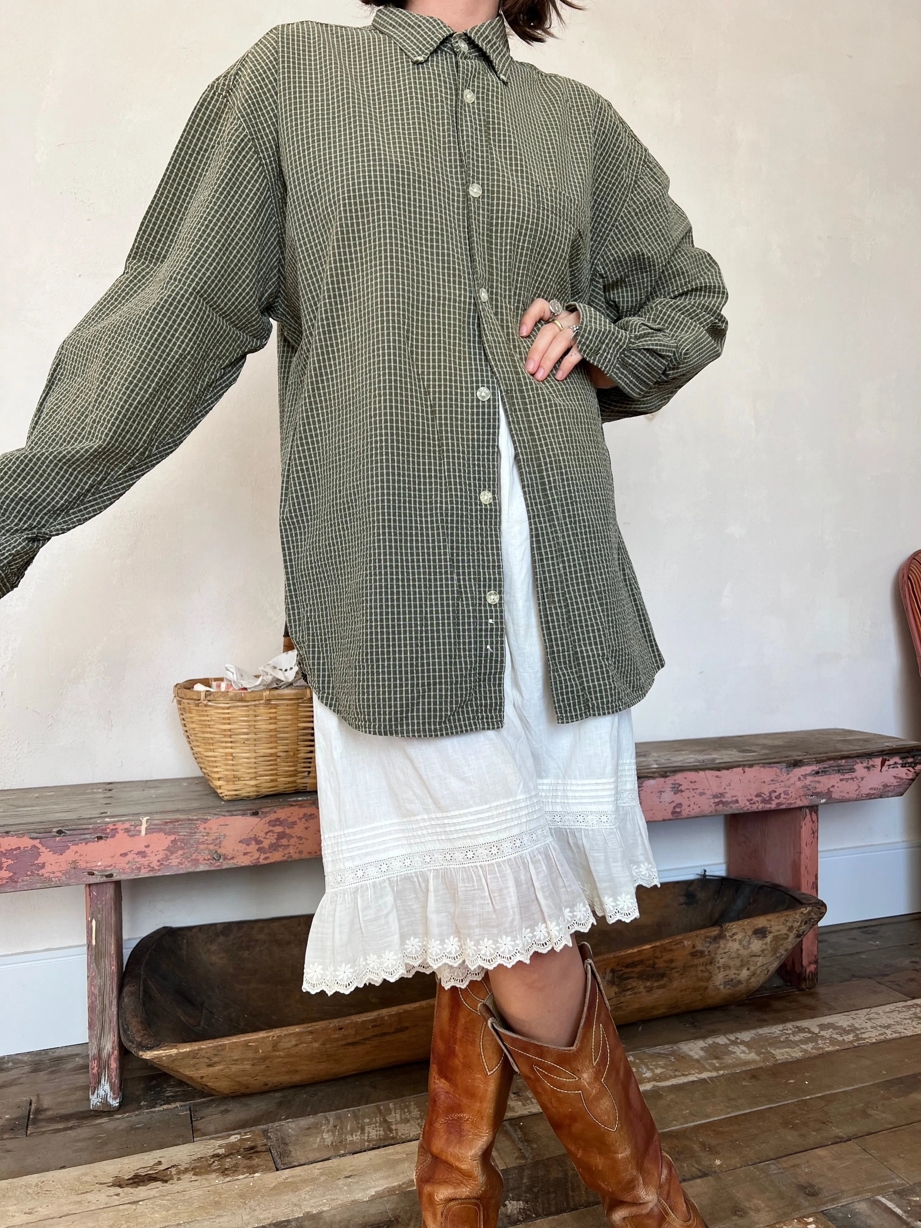 Olive Green Checkered Button-Up