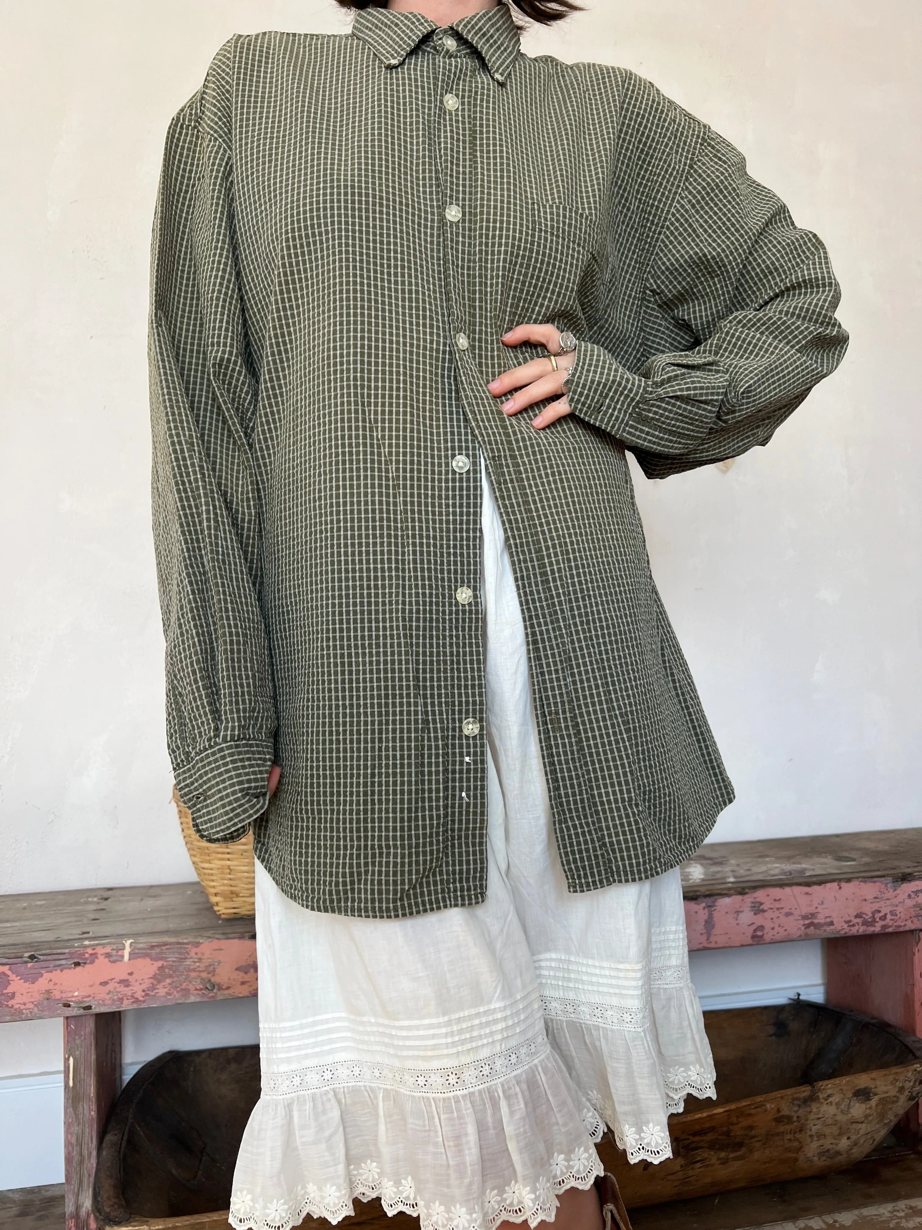 Olive Green Checkered Button-Up