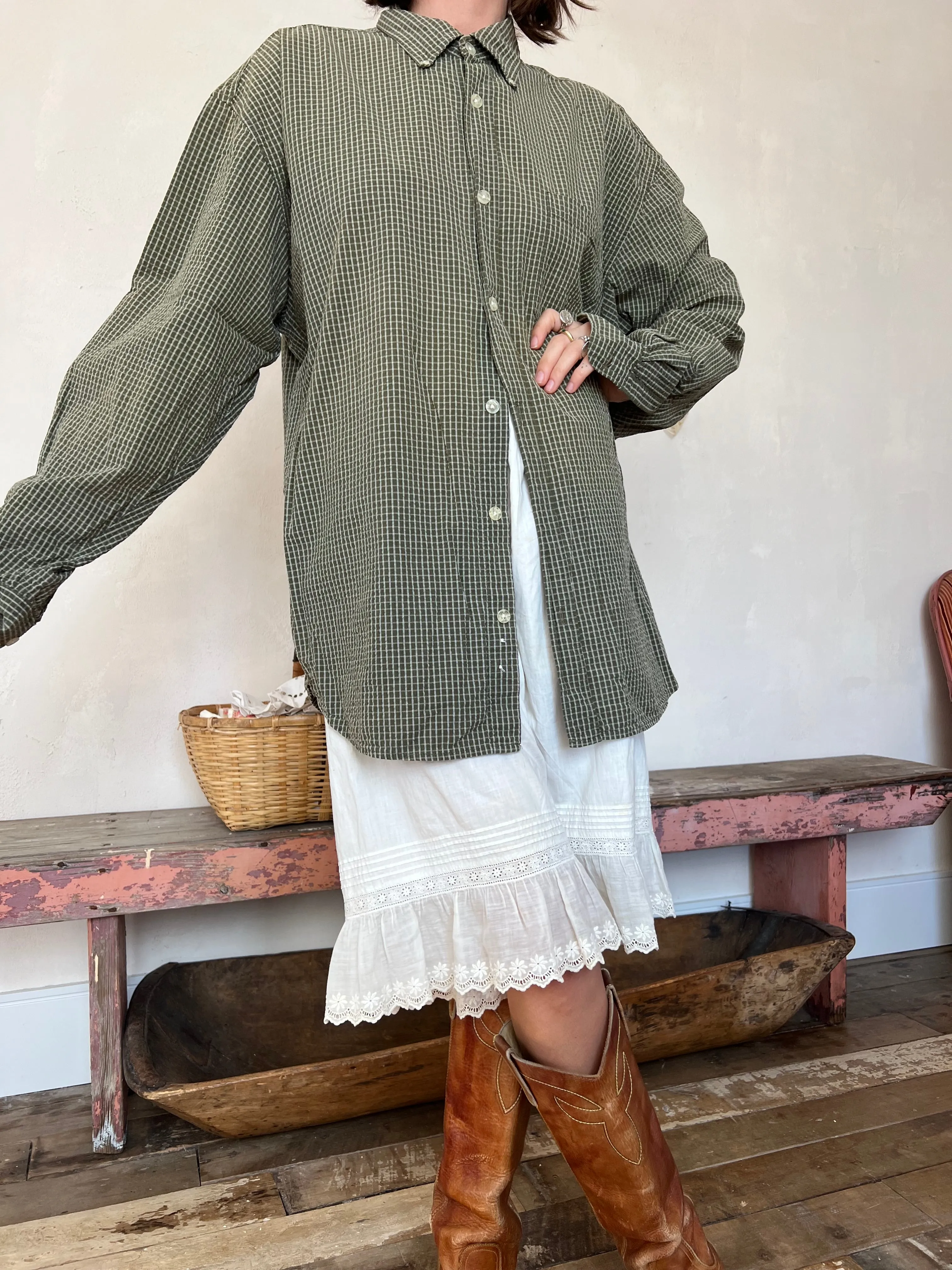 Olive Green Checkered Button-Up