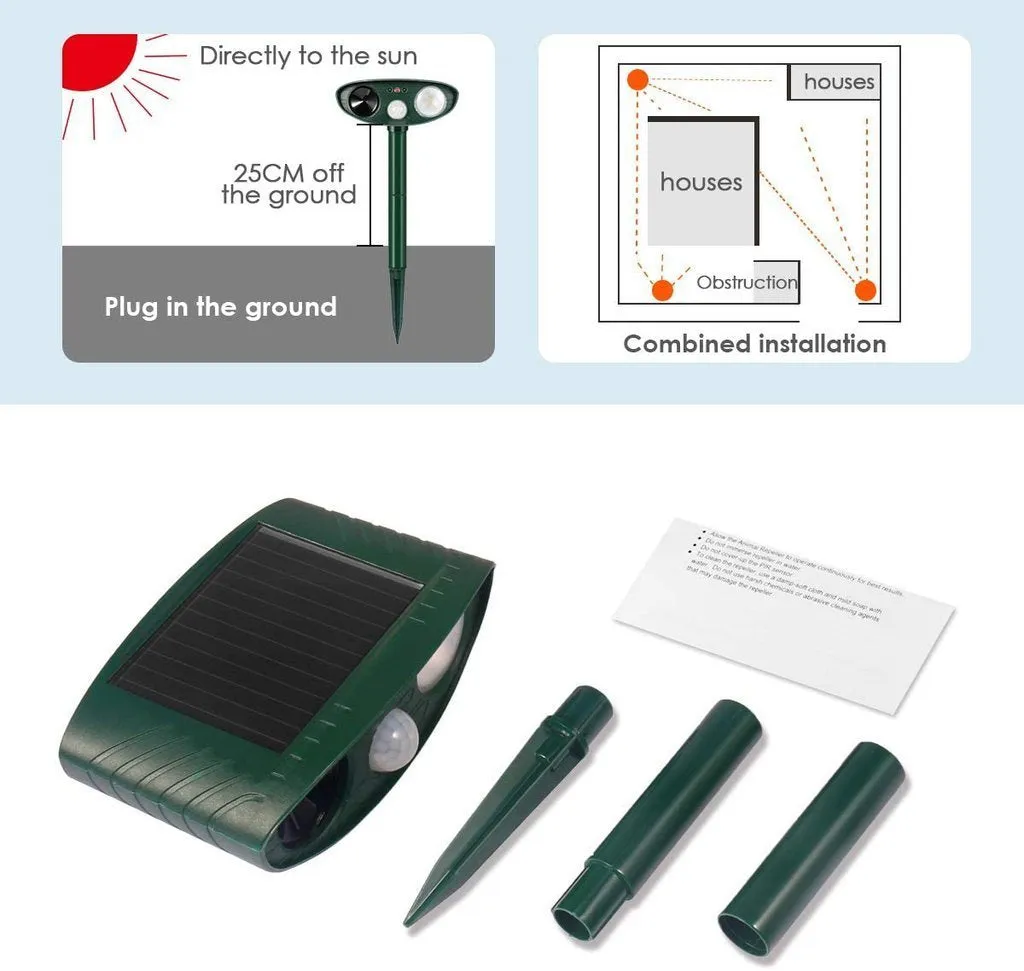 Solar Ultrasonic Pest Repeller - PACK OF 4 - Repels Squirrels, Raccoons, Rabbits, Cats, Dogs, Skunks, Foxes in 48 Hours
