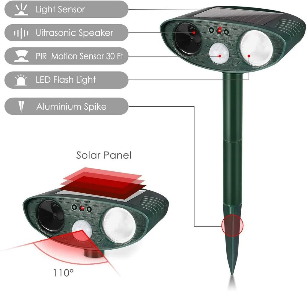 Solar Ultrasonic Pest Repeller - PACK OF 4 - Repels Squirrels, Raccoons, Rabbits, Cats, Dogs, Skunks, Foxes in 48 Hours