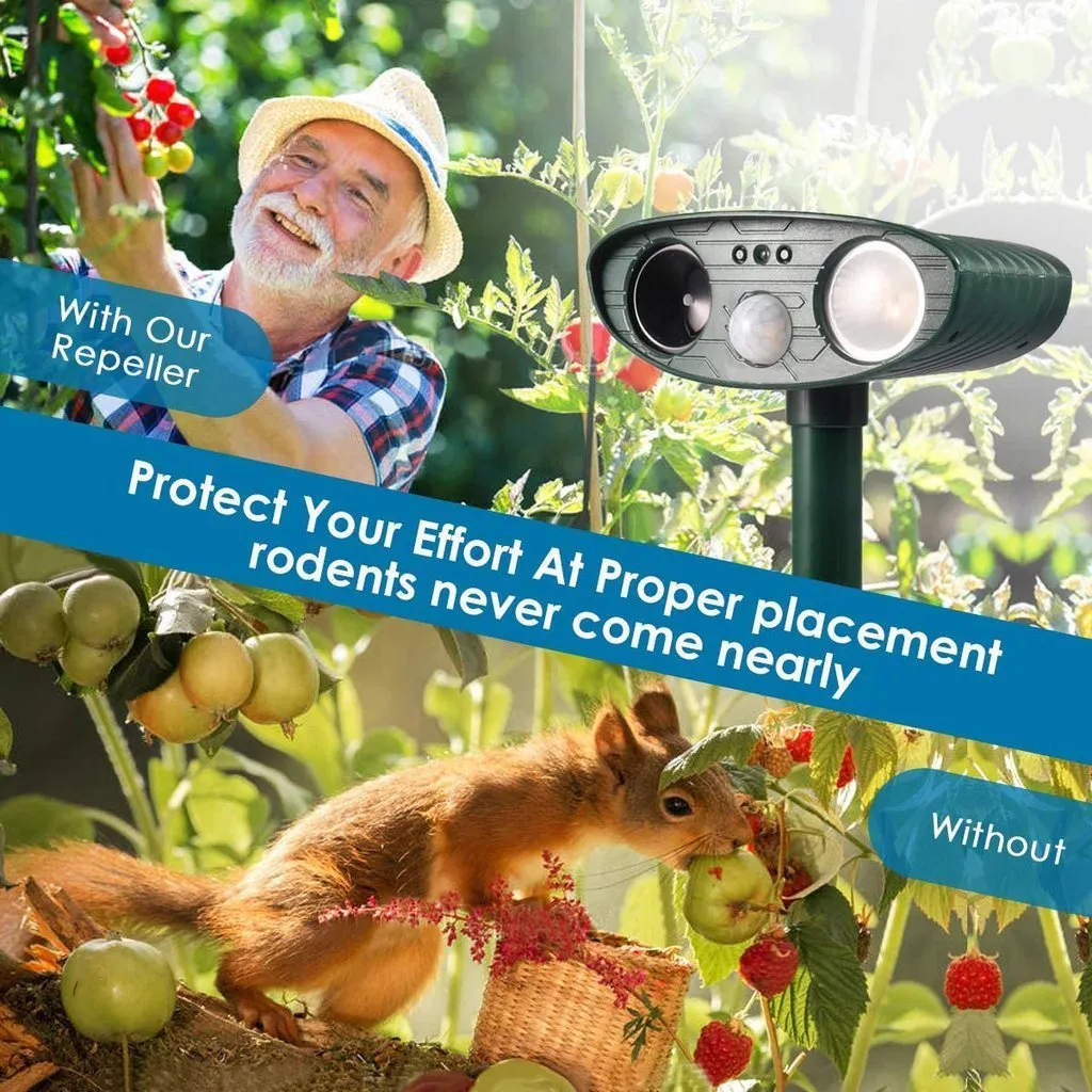 Solar Ultrasonic Pest Repeller - PACK OF 4 - Repels Squirrels, Raccoons, Rabbits, Cats, Dogs, Skunks, Foxes in 48 Hours